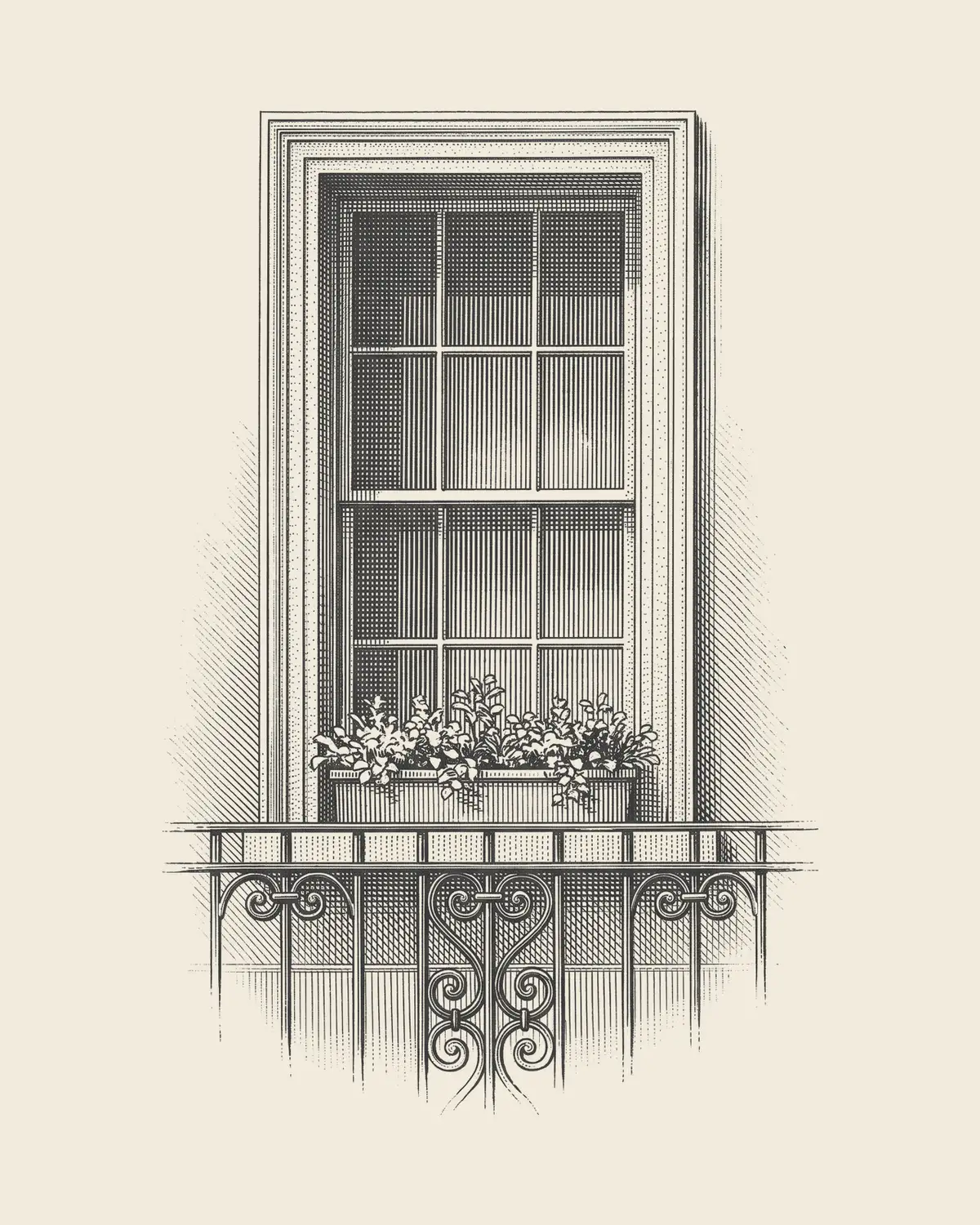 Copperplate engraving of a London sash window above area railings