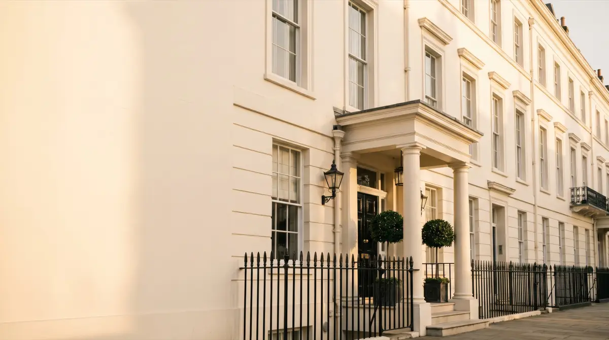 An elegant London townhouse at golden hour